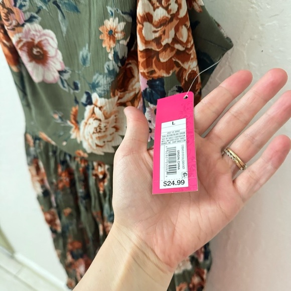 Xhilaration Olive Green Floral Square Neck Picnic Dress Smocked Large - Picture 5 of 7